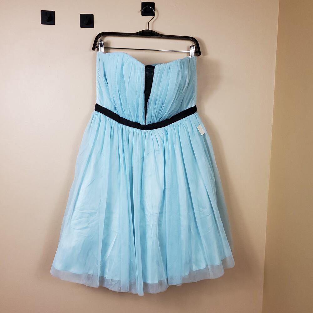 a. drea Tulle Short Dress with Contrast Lace at Neckline in Light Blue Size L